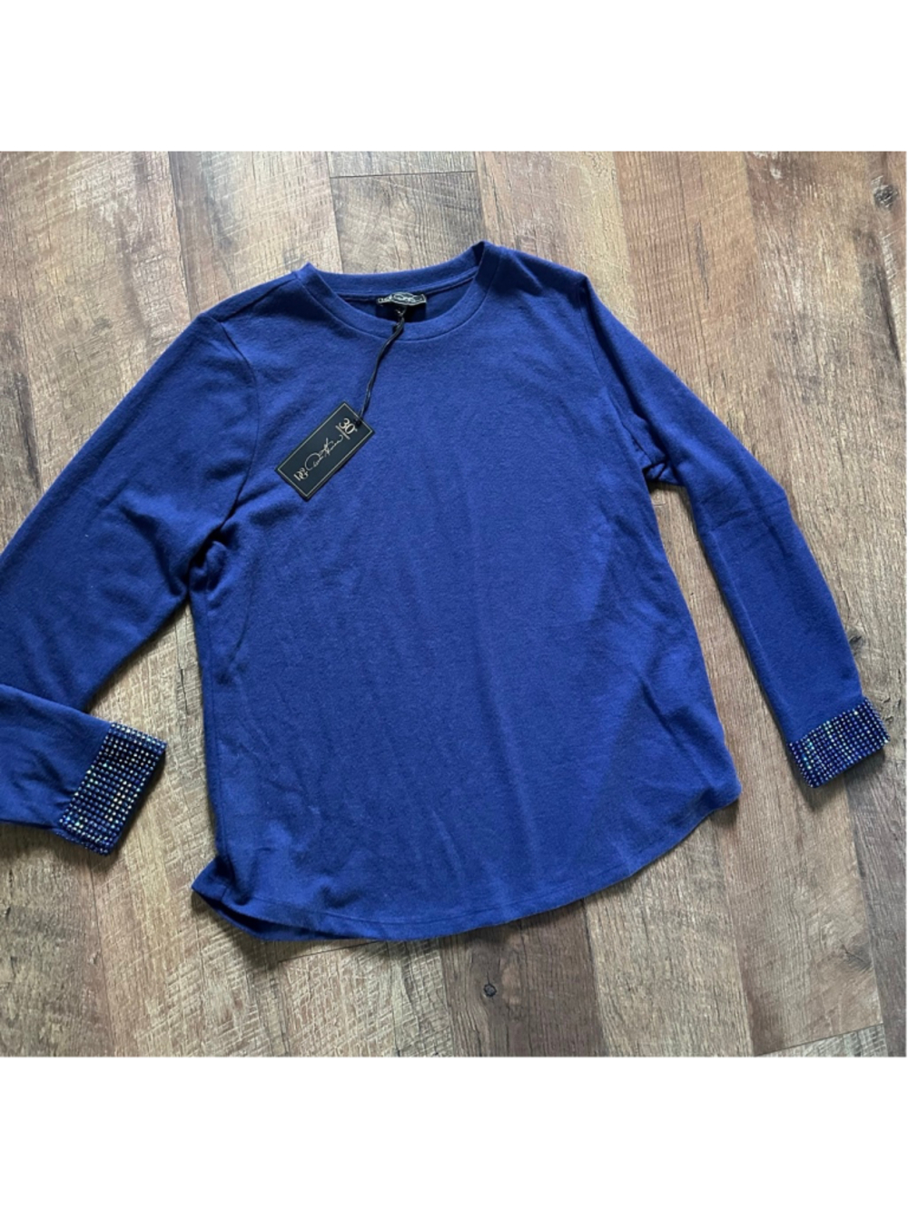 Women's D2 Blue Long Sleeve Tee with Embellished Cuffs, Size L